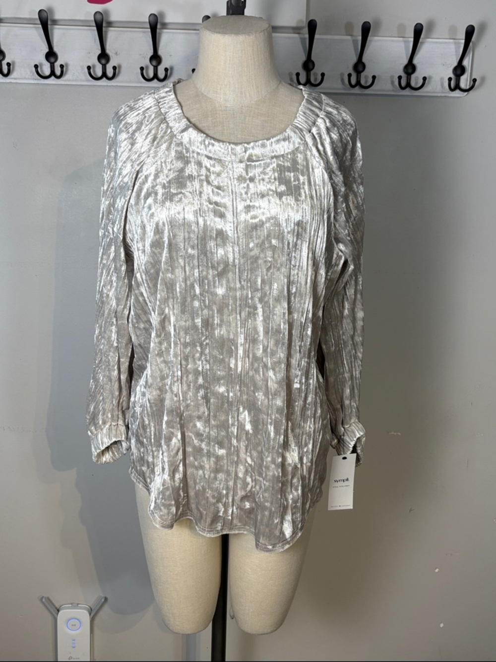 Sympli Silver Crushed Velvet Pleated Long Sleeve Blouse NWT Size 12